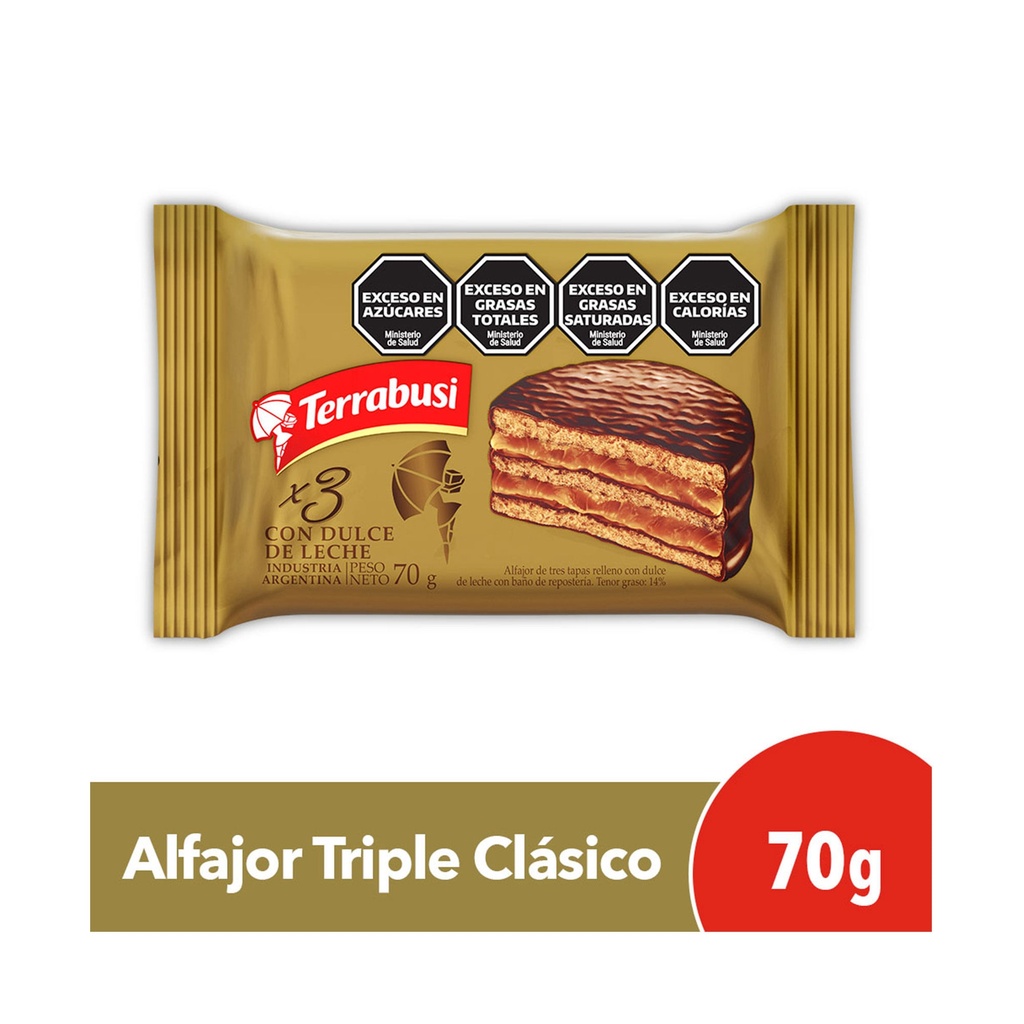 ALFAJOR DULCE DE LECHE 3 CAPAS  BAÑO CHOCOLATE TERRABUSI 70g